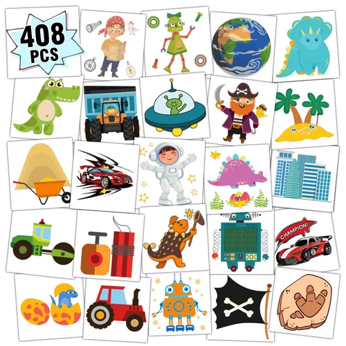 Miniatura 11 de Partywind 408 piezas de tatuajes infantiles para suministros de fiesta, hoja envuelta individualmente, calcomanías de tatuajes temporales para niños