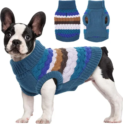 Miniatura 23 de Kuoser Suéter grande para perro, suéteres de punto de cuello alto para perros grandes, rayas coloridas, chaleco de punto para mascotas, ropa cálida