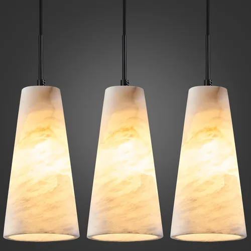Miniatura 13 de Luces colgantes de alabastro natural, isla de cocina, pantalla cónica de mármol blanco, modernas lámparas de techo negras para mesa de comedor, sala