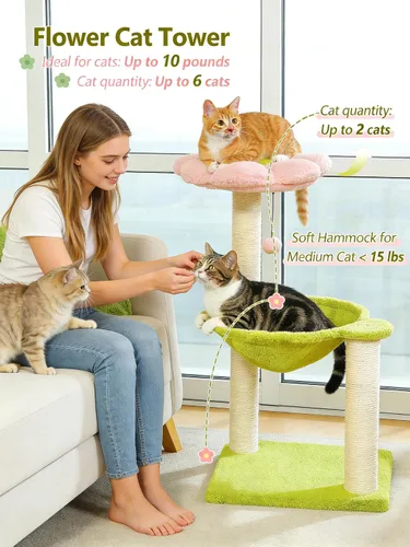 Miniatura 3 de MUTTROS Árbol de flores para gatos, torre para gatos de 28 pulgadas con acogedora percha de flores, hamaca grande para gatos pequeños