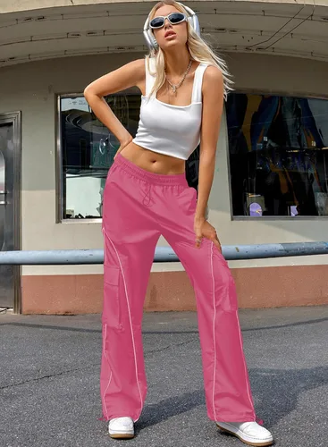 Miniatura 2 de Allytok Pantalones de paracaídas para mujer, pantalones cargo holgados Y2K con bolsillos, pantalones modernos de pierna ancha