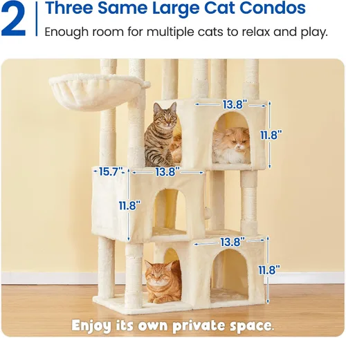 Miniatura 4 de MWPO Árbol grande para gatos de interior, torre de gatos de 63 pulgadas con 3 condominios para gatos, postes rascadores, pedestales acolchados, Beige