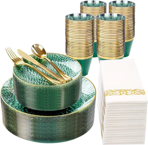 Miniatura 13 de DaYammi Juego de vajilla de plástico dorado transparente de 175 piezas, platos de plástico desechables martillados desechables para fiestas
