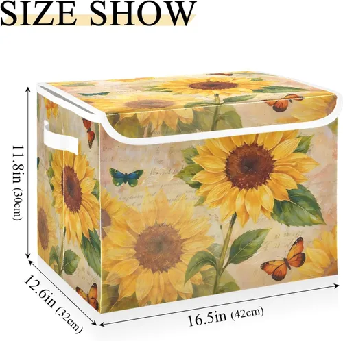 Miniatura 3 de SUABO Contenedor de almacenamiento vintage de girasol y mariposa con tapa, cajas de almacenamiento grandes de tela Oxford, plegables para el hogar