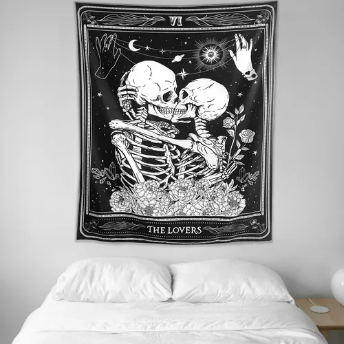 Miniatura 4 de KJHL The Lovers - Tapiz de calavera para colgar en la pared, tapiz gótico negro de bruja, tapiz de esqueleto vertical oscuro, tapices estéticos