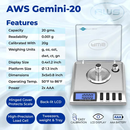 Miniatura 7 de Balanza de miligramos AWS Gemini-20 20g x 0.001g – Balanza digital para joyas/laboratorio para polvo, oro, gemas – Incluye pesas de calibración