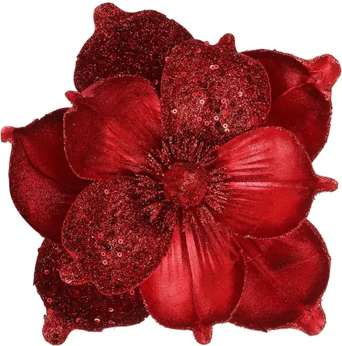 Miniatura 10 de Flores de Navidad grandes con purpurina de 10 pulgadas, 6 unidades, flores artificiales de magnolia de terciopelo, decoraciones para árbol