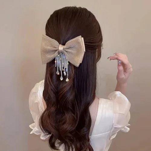 Miniatura 3 de Pasador de pelo de lujo con lazo de malla de diamante con borla de cristal, clip de resorte, horquilla en la parte posterior de la cabeza, horquilla