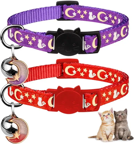 Miniatura 9 de Baeuppit 2 piezas de collares de gato separables con campana, lunas, estrellas, lindos collares ajustables para gatitos con colgante que brillan