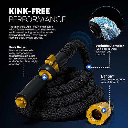 Miniatura 3 de Manguera de jardín flexible TITAN de 10 pies – Ultra ligera, manguera de agua resistente con accesorios de latón y boquilla de chorro – Sin
