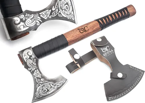 Miniatura 13 de Hacha vikinga forjada a mano de 19 pulgadas, eje de madera de rosa, hacha barbuda de acero al carbono grabada para acampar, regalo vikingo para HACA