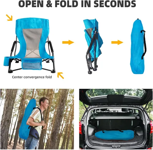 Miniatura 7 de Silla de playa plegable portátil para adultos, juego de 2, silla ligera con respaldo bajo con soporte para tazas y bolsillo de almacenamiento, silla