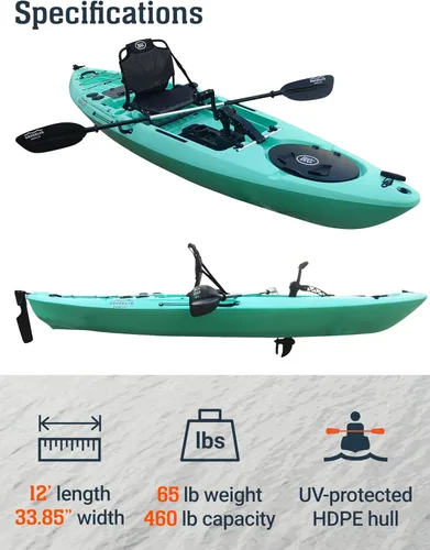 Miniatura 2 de BKC Brooklyn 12.0 Pro - Kayak de pesca individual de 12 pies manos libres, dirección de timón, casco de 70 libras, almacenamiento hermético
