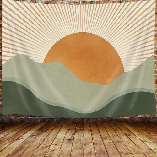 Miniatura 9 de JAWO Tapiz Bohemio Azul, Tapiz de Naturaleza con Montaña Abstracta y Sol Dorado para Colgar en la Pared para Dormitorio, Tapices de Paisaje