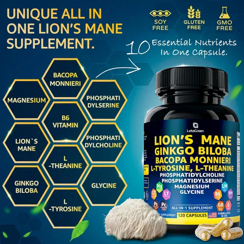 Miniatura 2 de Cápsulas orgánicas de suplemento de melena de león, 120 cápsulas de melena de león de hongos reales con hierba de ginkgo biloba, bacopa monnieri, L