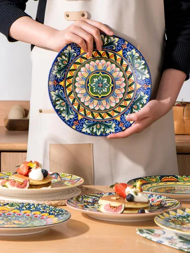 Miniatura 4 de Henten Home Juego de 6 platos de postre de cerámica, platos de ensalada de porcelana de 8.5 pulgadas, coloridos platos de estilo bohemio