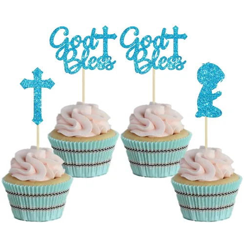 Gyufise 24 piezas de decoración de cupcakes con purpurina azul que Dios bendiga y cruz, decoración de pastel para baby shower, bautismo, fiesta,