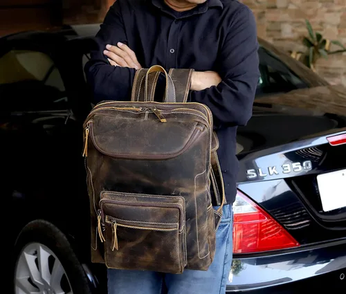 Miniatura 8 de Mochila de cuero vintage para hombre, bolsa para laptop de 16 pulgadas, gran capacidad, viajes de negocios, senderismo, mochila de hombro, mochila