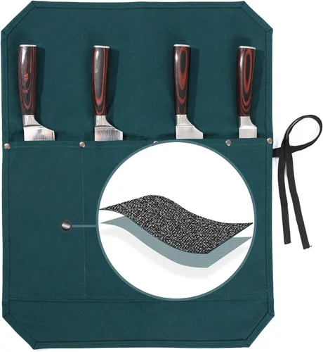 Miniatura 8 de Bolsa para cuchillos de chef, rollo para cuchillos con 4 ranuras, forro de tela especializado resistente a cortes, lona encerada resistente de 16