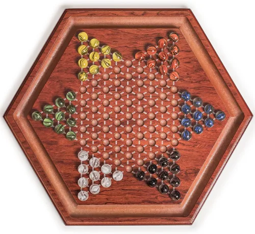 Miniatura 2 de Yellow Mountain Imports Juego de mesa Halma de damas chinas de madera, 13.6 pulgadas, con 60 canicas de vidrio estilo pétalos de colores (0.630 in)