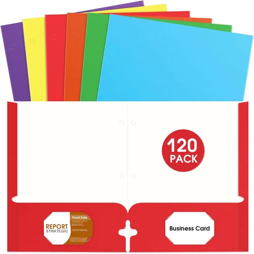 TooyBing Carpetas con bolsillos, carpetas de 2 bolsillos a granel (paquete de 120 unidades, colores surtidos), 3 agujeros perforados con ranura para