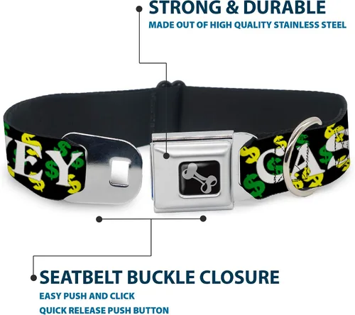 Miniatura 4 de Buckle-Down Collar de perro hebilla de cinturón de seguridad en efectivo dólar negro blanco amarillo verde, multicolor, 1.5 pulgadas de ancho - Se