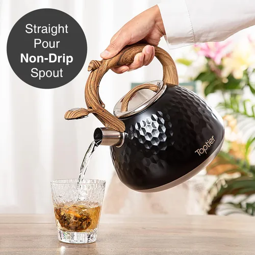 Miniatura 7 de Tetera, Tetera Silbadora Toptier con Mango de Patrón de Madera Silbato Fuerte, Tetera de Acero Inoxidable Grado Alimenticio para Estufas de Negro