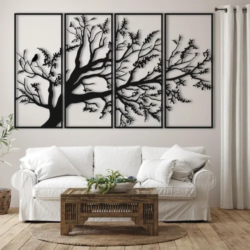 Arte de pared con árbol de la vida, juego de 4 piezas de arte de pared de árbol de metal, letrero de árbol, arte de pared de metal del árbol de la