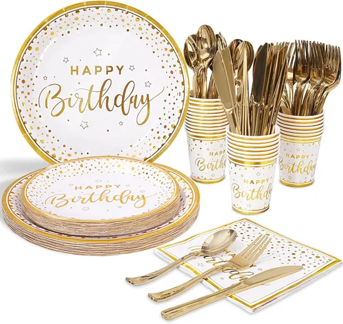 175 piezas de platos y servilletas de feliz cumpleaños suministros de fiesta, platos de papel dorado con puntos y servilletas con tenedores, Blanco