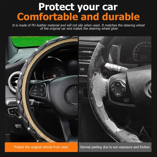 Miniatura 3 de Funda de volante de coche brillante, protector de volante elástico de cuero antideslizante, accesorios de decoración de vehículo con diamantes