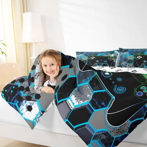 Miniatura 3 de Manfei Juego de edredón moderno de 2 piezas con estampado de consola de videojuegos de panal azul con 1 funda de almohada, juego de ropa de cama