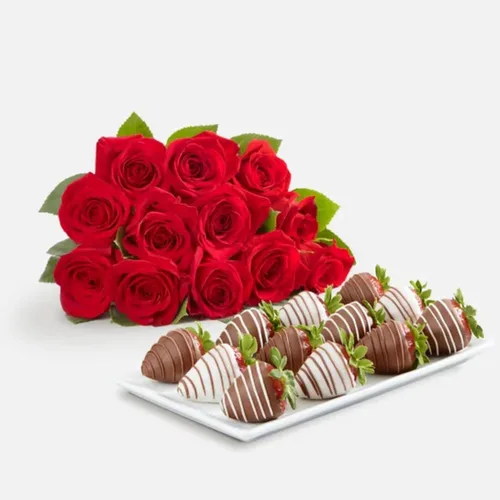 Miniatura 6 de Shari's Berries Juego de regalo de 12 rosas rojas clásicas y 6 fresas cubiertas de chocolate Caja de regalo de chocolate y flores frescas