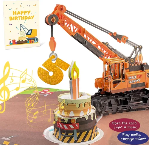 Miniatura 12 de Tarjeta de felicitación 3D de 4º cumpleaños con luz y música, tarjeta de camión grúa para niño, sobrino, nieto, hijo, niño pequeño, con sobre, 4th