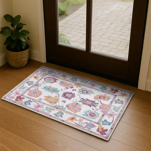 Fame Living Alfombra Oushak Rosa, Alfombras Pequeñas Modernas, Vintage, Turca, Ecléctica, Floral, Pastel, Lavable, Tapete para Puerta, Felpudo para