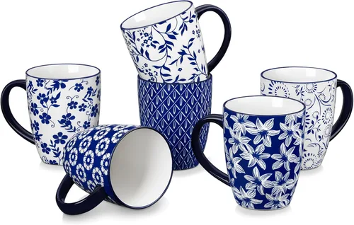 vancasso SELENE - Juego de 6 tazas de café grandes de porcelana de 16 onzas con asa, taza de té de cerámica para capuchino, café con leche, té,