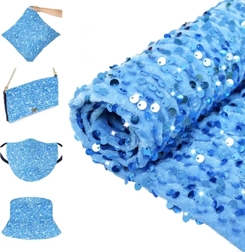 FOTSHARER The Yard - Tela de lentejuelas color azul bebé con purpurina para coser artesanías, tela de malla de 1 yarda con lentejuelas, tela