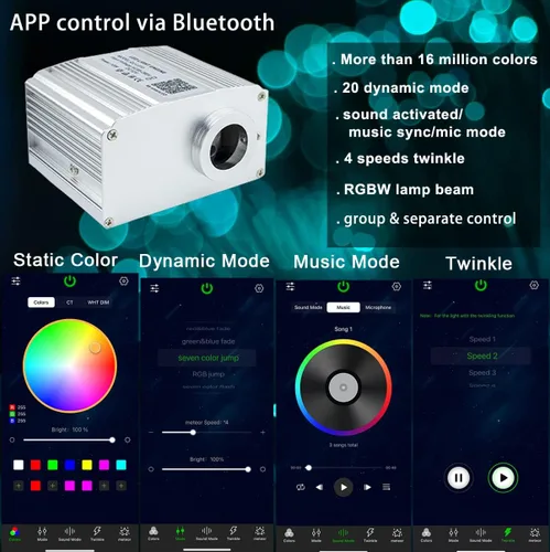 Miniatura 3 de AZIMOM Caja de luz de estrellas de fibra óptica centelleante de 10 W, fuente de luz de fibra óptica RGBW activada por sonido, aplicación/control