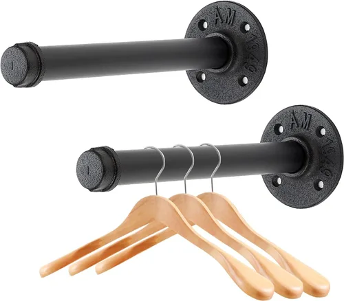 Miniatura 16 de Perchero flotante de tubo industrial negro de 6 pulgadas montado en la pared, estante de ropa resistente para colgar, barra de colgar multiuso
