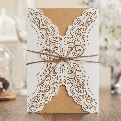 Miniatura 2 de Hosmsua 50 invitaciones de boda florales rústicas blancas personalizadas con lazo de cuerda de cáñamo