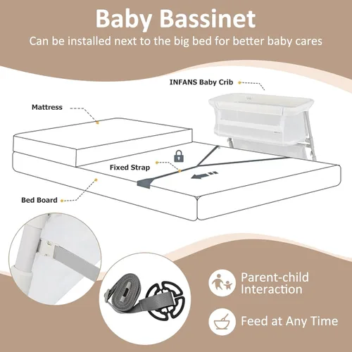 Miniatura 7 de INFANS Moisés sobre la cama para bebé, cama de noche con pared inferior para un fácil acceso, cierre seguro para dormir, altura ajustable, Blanco