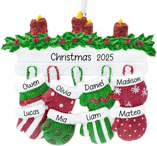 Miniatura 10 de Adorno de Navidad personalizado para familia de 6 miembros 2026 Manoplas con velas con purpurina en la decoración del árbol de Navidad del manto