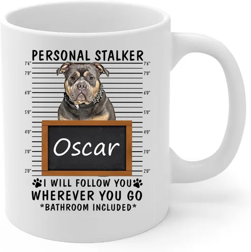 Miniatura 2 de Personal Stalker I Will Follow You Black Tan American Bully Taza de café con nombre personalizado Taza de cerámica blanca, 11 onzas