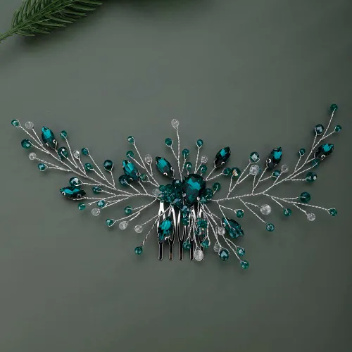 Miniatura 5 de Teyglen Peines delicados para el cabello de boda, color dorado y plateado, con diamantes de imitación verdes, peine lateral de cristal, accesorios