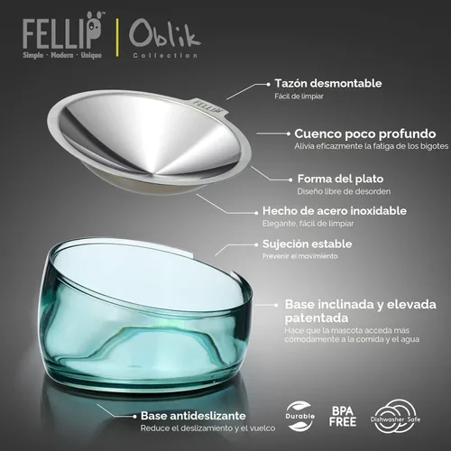 Miniatura 2 de Felli Oblik Cuencos Elevados para Comida de Gatos de Acero Inoxidable 304, Plato Plano Desmontable para Fatiga de Bigotes y Fácil Limpieza en Clásico