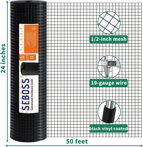 Miniatura 2 de SEBOSS Tela Metálica Negra de 1/2 pulgada 24 x 50 pies Calibre 19, Rollo de Malla de Alambre con Revestimiento de PVC Malla de Alambre para Pollos