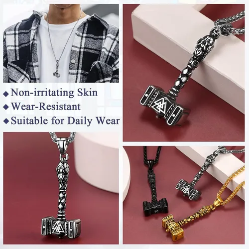 Miniatura 4 de FaithHeart Viking Thor's Hammer Talismán Collar para hombre, colgante de amuleto nórdico vintage de Mjolnir con cadena de trigo resistente, joyería