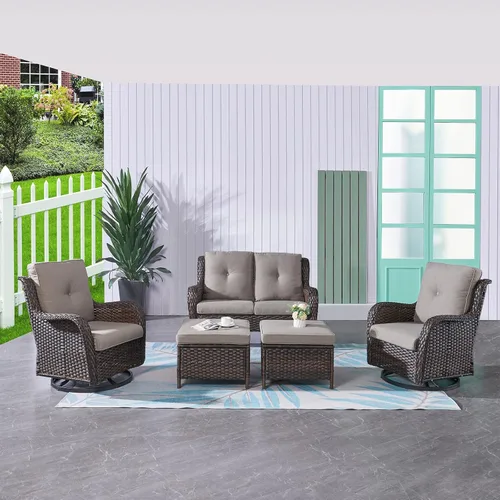 Miniatura 27 de HUMMUH Sillas Mecedoras Giratorias de Mimbre para Patio Exterior con Respaldo Alto, Sillas Deslizantes de Ratán PE, Juego de Muebles de Patio de 4