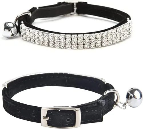 Miniatura 3 de Collar ajustable seguro para gatos CHUKCHI de terciopelo suave Adorno ostentoso de diamante con campanas de 11 pulgadas para perros pequeños y Negro