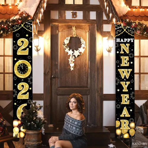 Miniatura 5 de KatchOn XtraLarge Pancarta de Feliz Año Nuevo 2026 – 72 x 12 pulgadas Pancarta de puerta de Feliz Año Nuevo negra y dorada para decoraciones