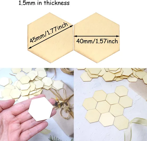 Miniatura 2 de Honbay 50 piezas de 1.57 pulgadas hexagonales en blanco sin terminar rebanadas de madera para manualidades, decoración del hogar, juegos, educación
